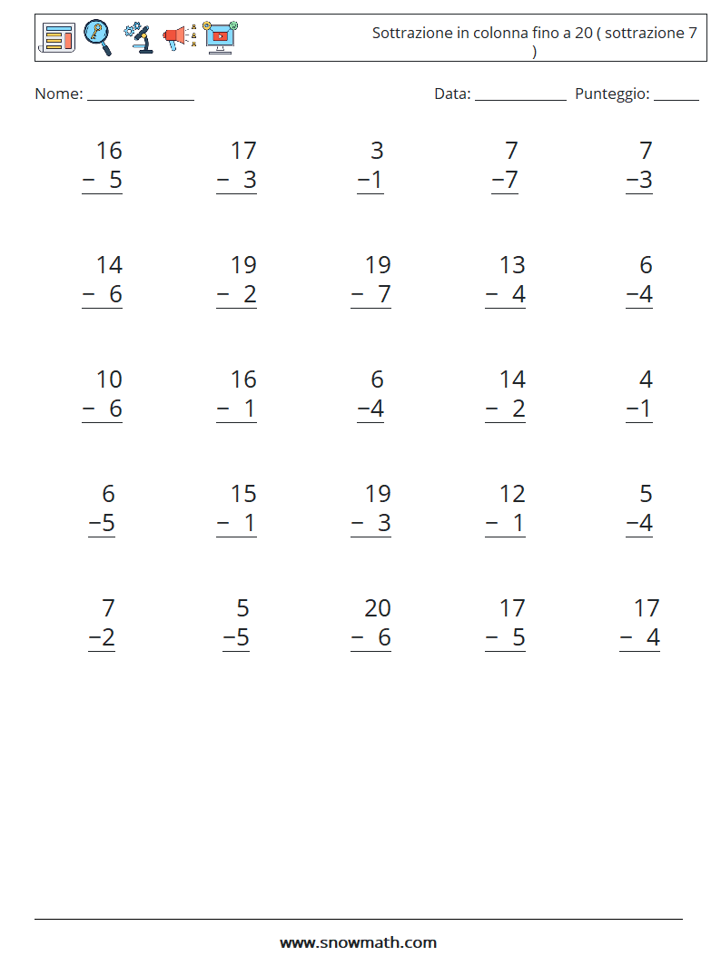 (25) Sottrazione in colonna fino a 20 ( sottrazione 7 ) Fogli di lavoro di matematica 14