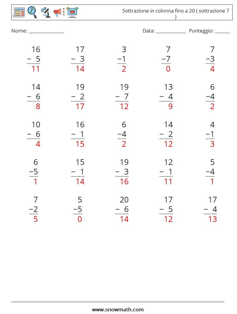 (25) Sottrazione in colonna fino a 20 ( sottrazione 7 ) Fogli di lavoro di matematica 14 Domanda, Risposta