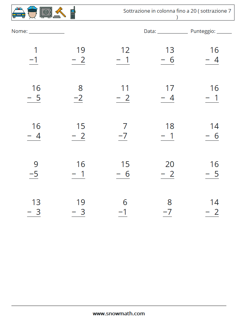 (25) Sottrazione in colonna fino a 20 ( sottrazione 7 ) Fogli di lavoro di matematica 15