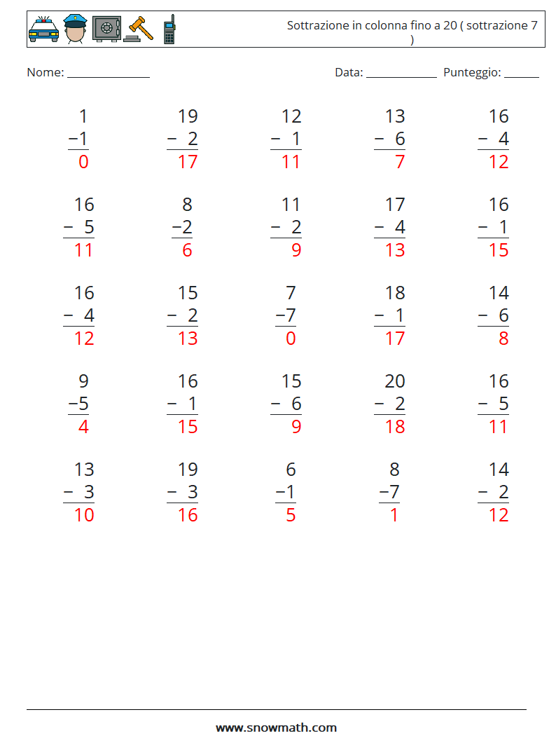 (25) Sottrazione in colonna fino a 20 ( sottrazione 7 ) Fogli di lavoro di matematica 15 Domanda, Risposta
