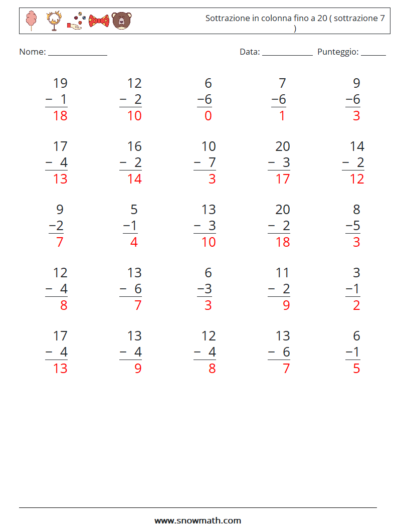 (25) Sottrazione in colonna fino a 20 ( sottrazione 7 ) Fogli di lavoro di matematica 16 Domanda, Risposta