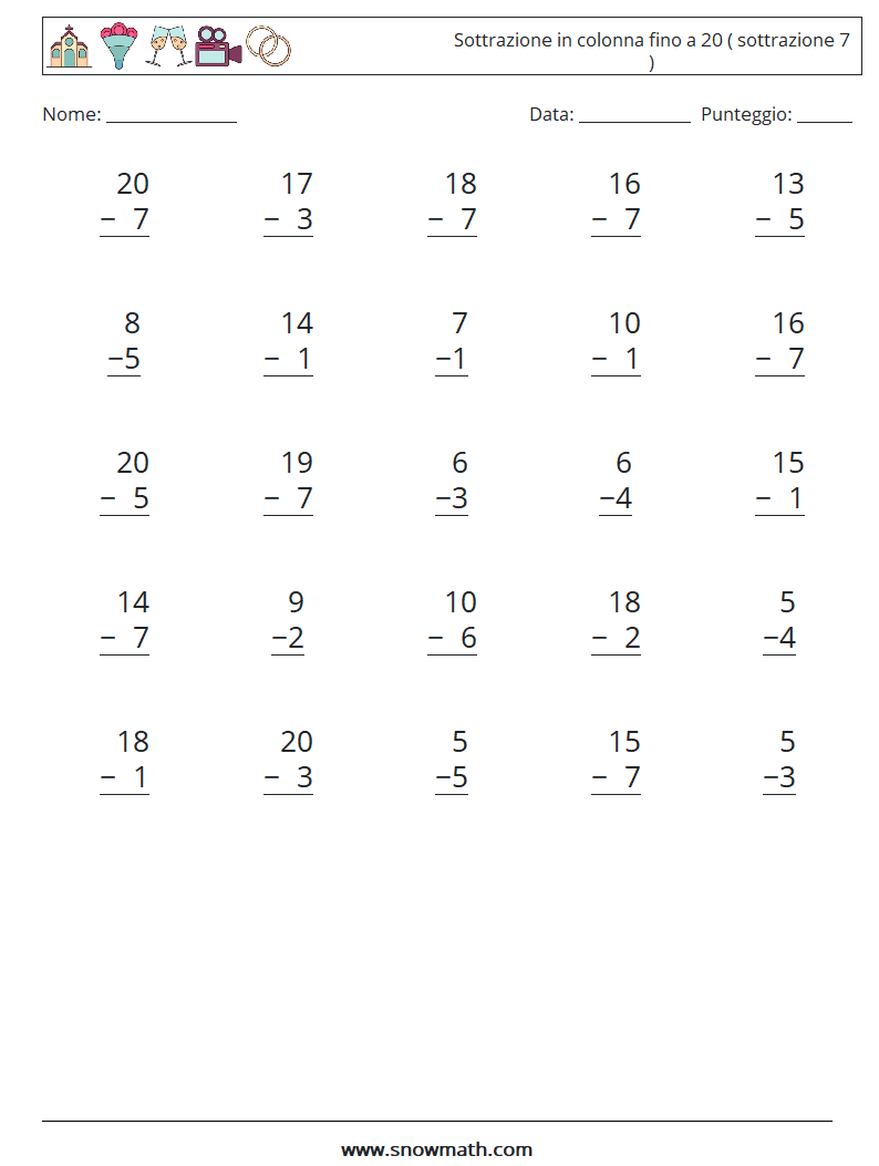 (25) Sottrazione in colonna fino a 20 ( sottrazione 7 ) Fogli di lavoro di matematica 17