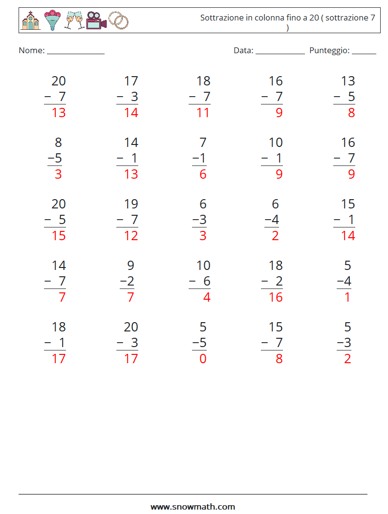 (25) Sottrazione in colonna fino a 20 ( sottrazione 7 ) Fogli di lavoro di matematica 17 Domanda, Risposta