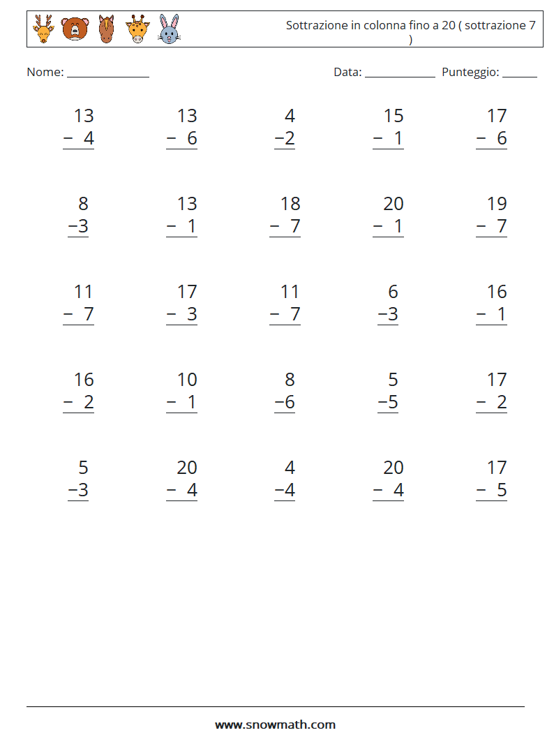 (25) Sottrazione in colonna fino a 20 ( sottrazione 7 ) Fogli di lavoro di matematica 18