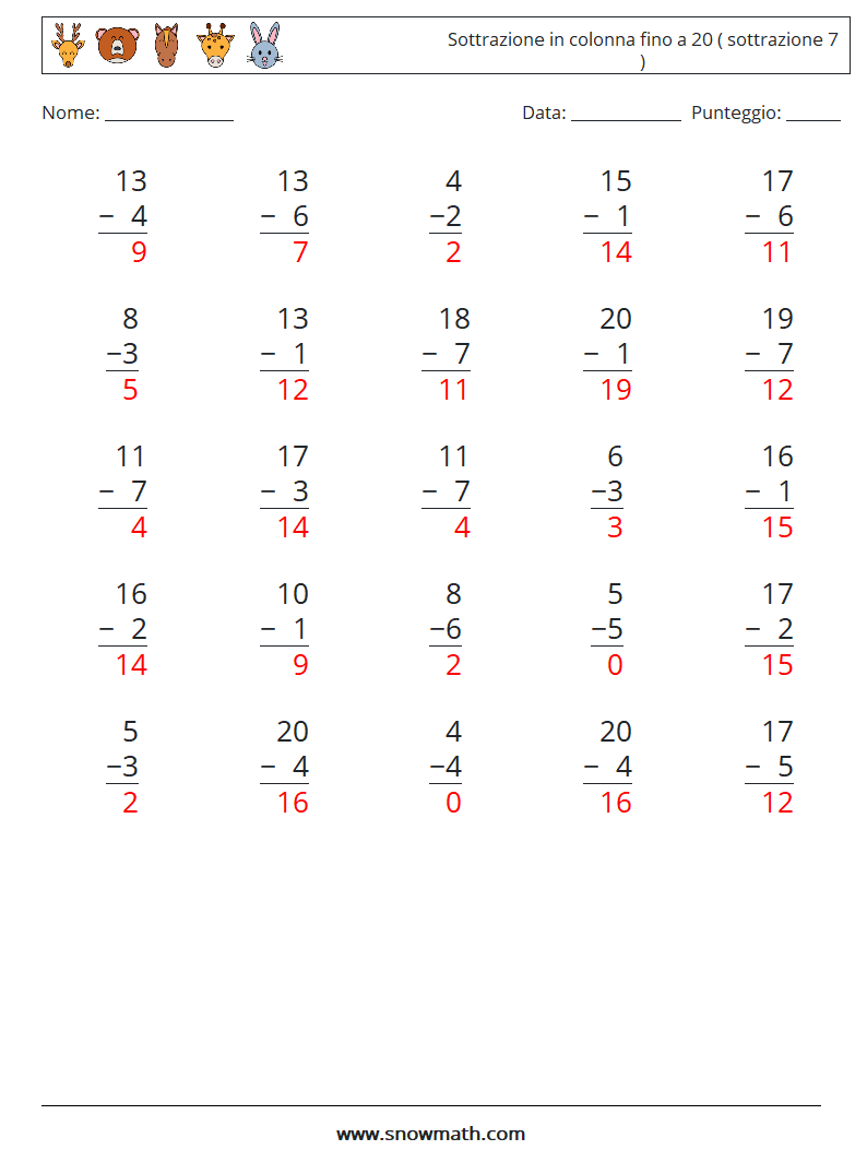 (25) Sottrazione in colonna fino a 20 ( sottrazione 7 ) Fogli di lavoro di matematica 18 Domanda, Risposta