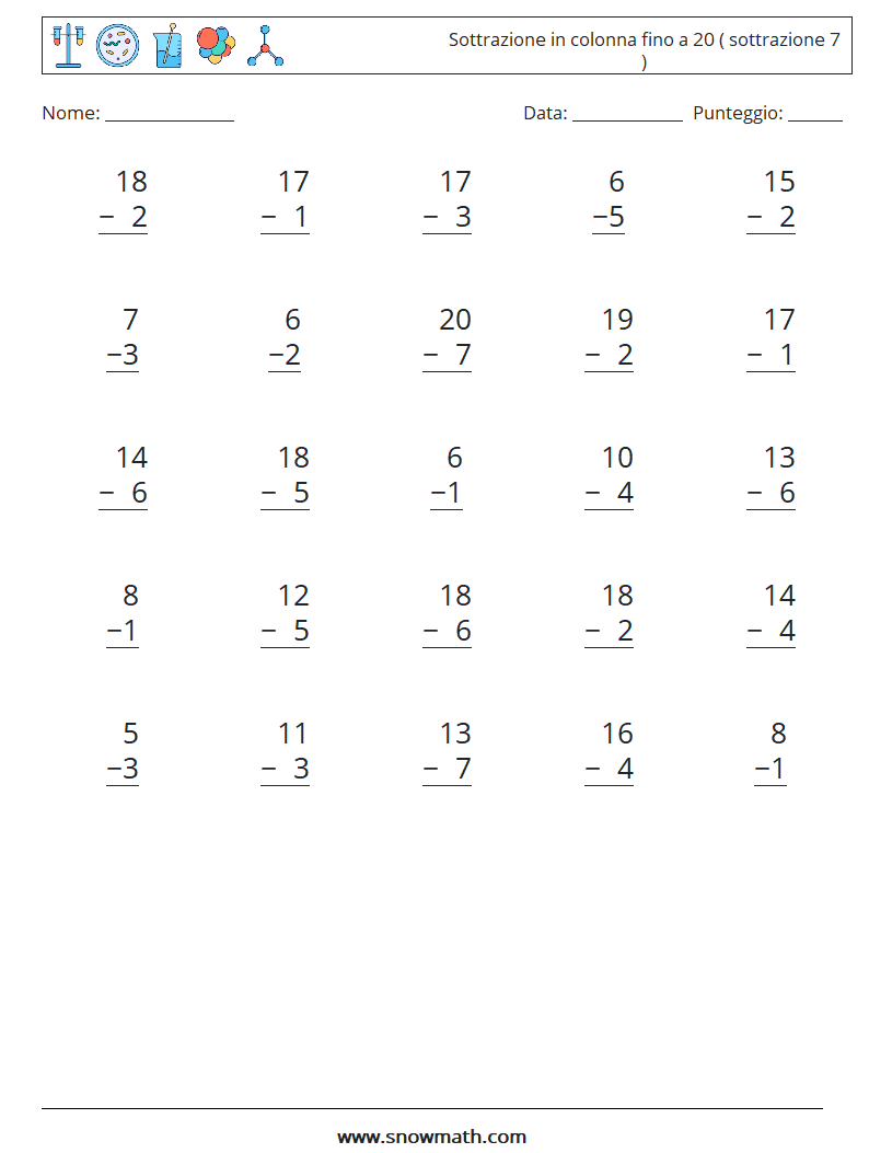 (25) Sottrazione in colonna fino a 20 ( sottrazione 7 ) Fogli di lavoro di matematica 2