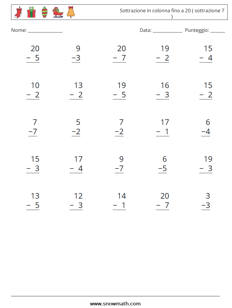 (25) Sottrazione in colonna fino a 20 ( sottrazione 7 ) Fogli di lavoro di matematica 4
