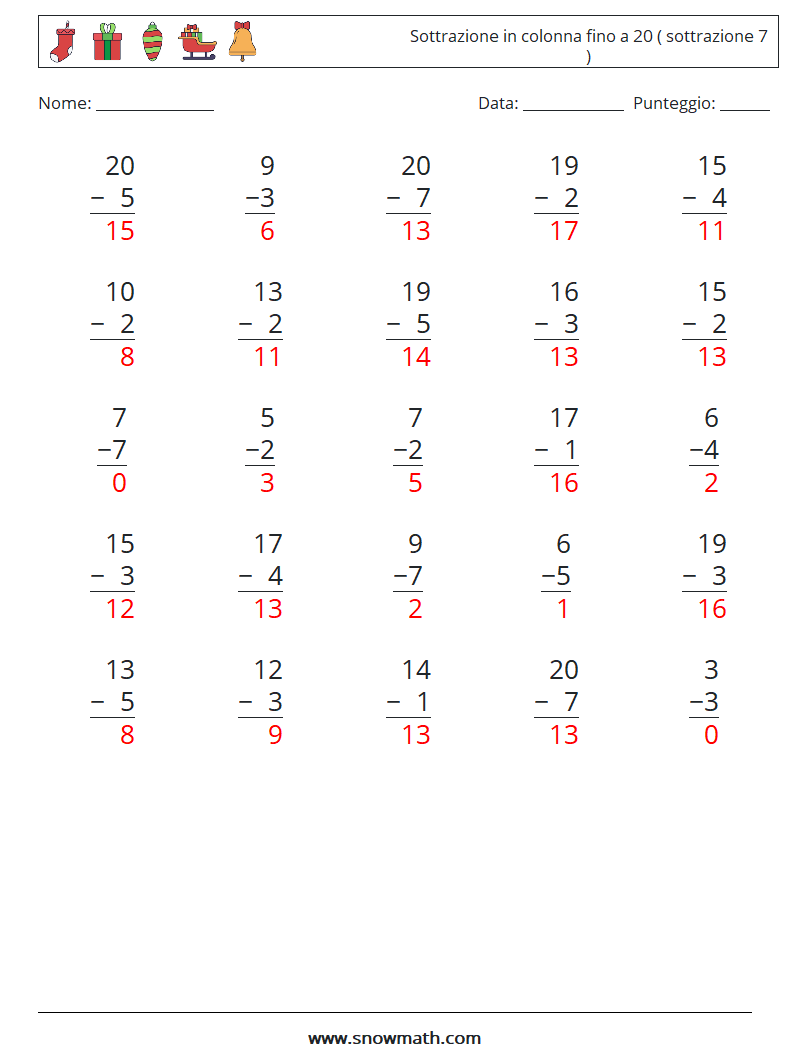 (25) Sottrazione in colonna fino a 20 ( sottrazione 7 ) Fogli di lavoro di matematica 4 Domanda, Risposta