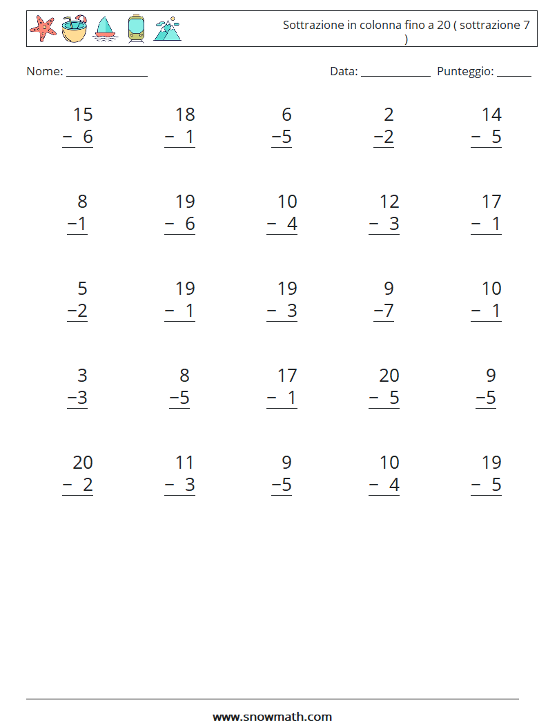 (25) Sottrazione in colonna fino a 20 ( sottrazione 7 ) Fogli di lavoro di matematica 5