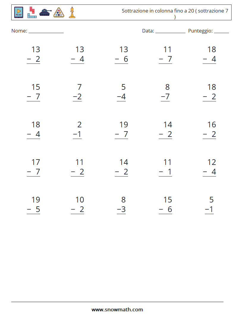 (25) Sottrazione in colonna fino a 20 ( sottrazione 7 ) Fogli di lavoro di matematica 6
