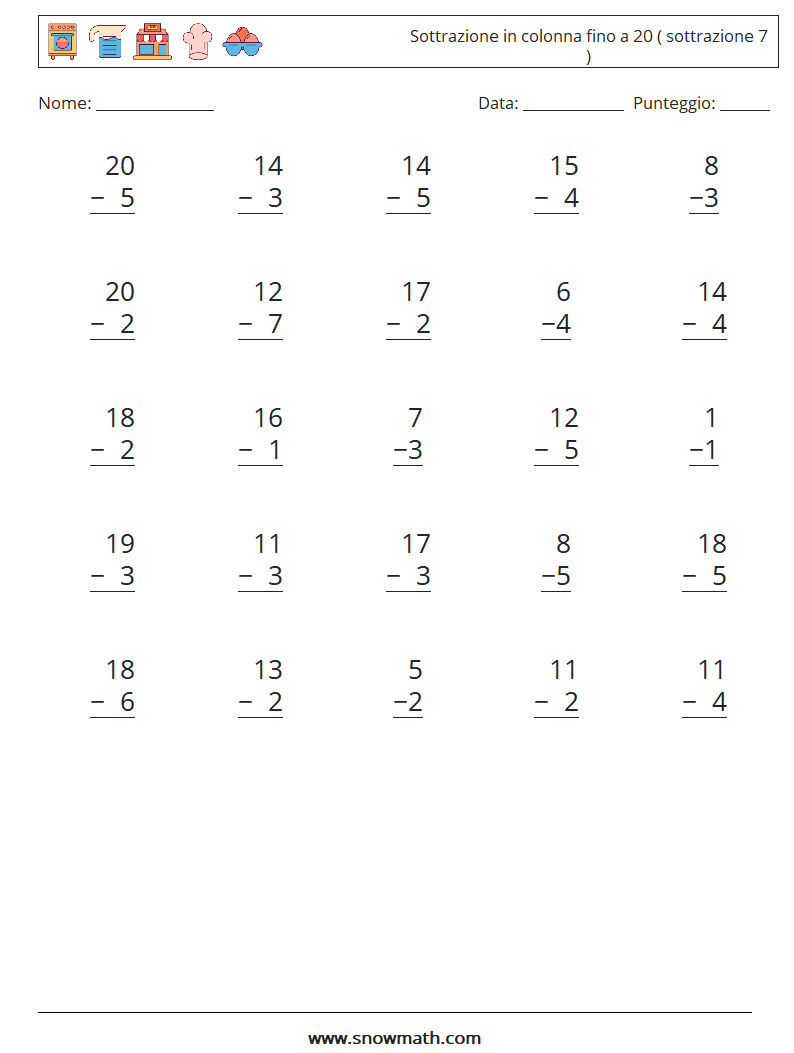 (25) Sottrazione in colonna fino a 20 ( sottrazione 7 ) Fogli di lavoro di matematica 7