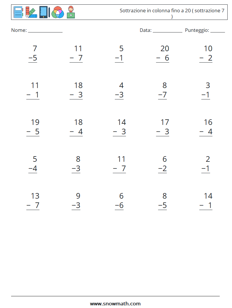 (25) Sottrazione in colonna fino a 20 ( sottrazione 7 ) Fogli di lavoro di matematica 8