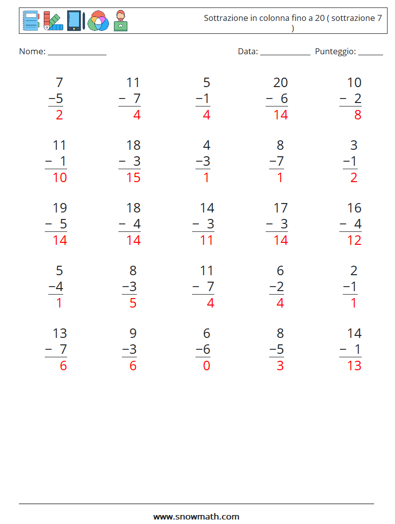 (25) Sottrazione in colonna fino a 20 ( sottrazione 7 ) Fogli di lavoro di matematica 8 Domanda, Risposta
