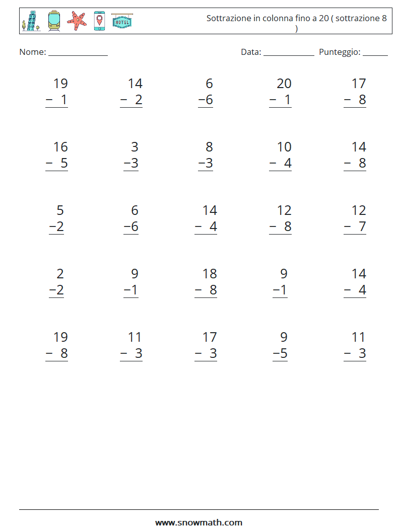 (25) Sottrazione in colonna fino a 20 ( sottrazione 8 ) Fogli di lavoro di matematica 1