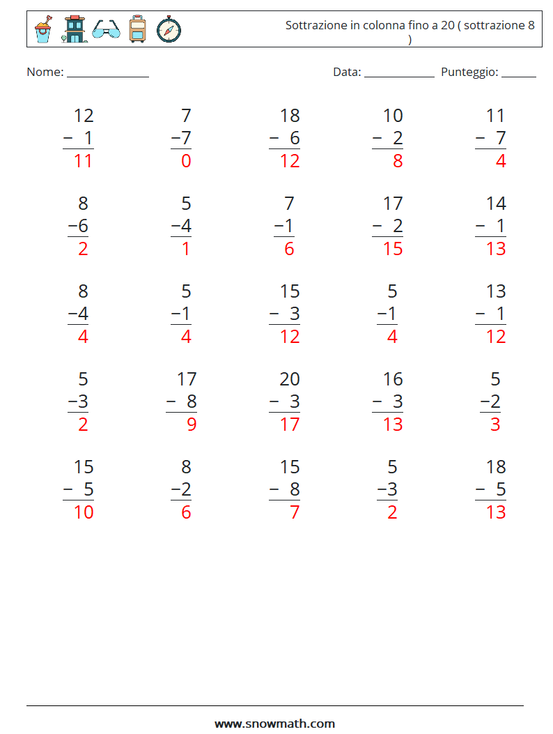 (25) Sottrazione in colonna fino a 20 ( sottrazione 8 ) Fogli di lavoro di matematica 10 Domanda, Risposta