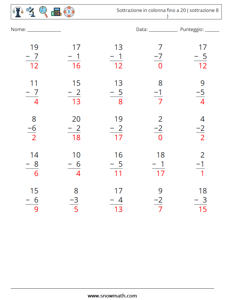 (25) Sottrazione in colonna fino a 20 ( sottrazione 8 ) Fogli di lavoro di matematica 11 Domanda, Risposta