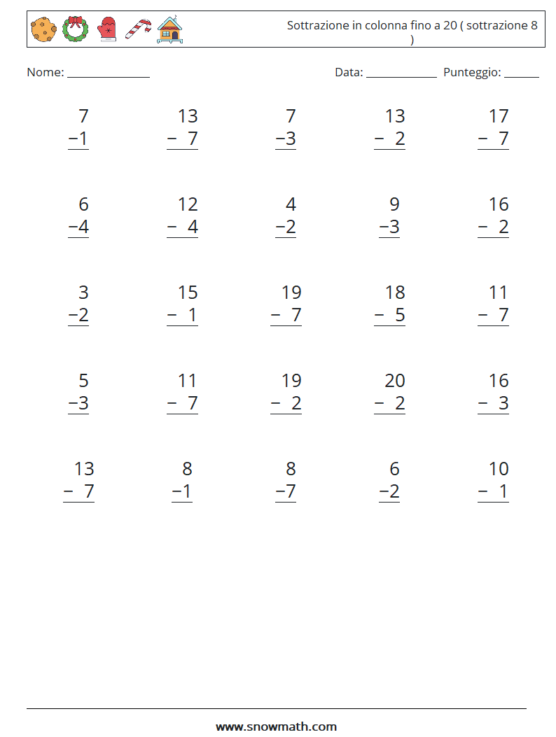 (25) Sottrazione in colonna fino a 20 ( sottrazione 8 ) Fogli di lavoro di matematica 12