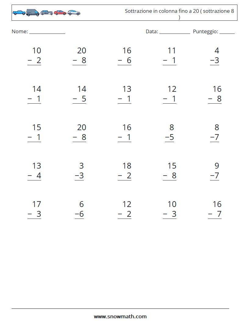 (25) Sottrazione in colonna fino a 20 ( sottrazione 8 ) Fogli di lavoro di matematica 14