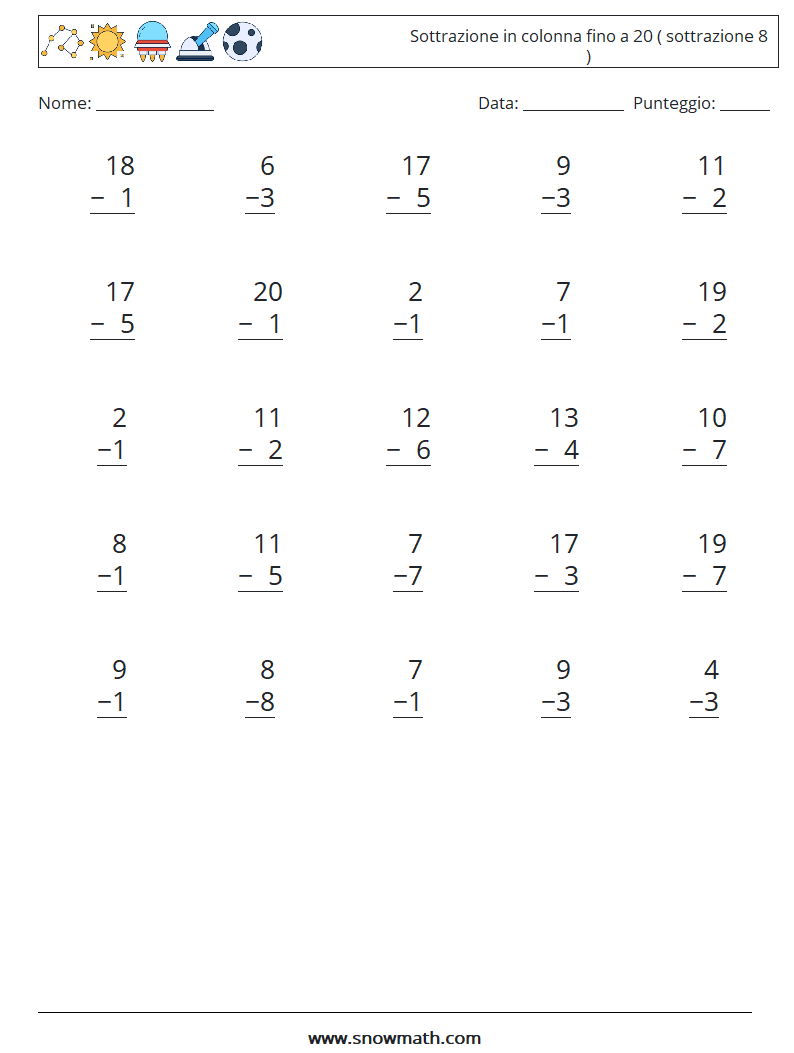 (25) Sottrazione in colonna fino a 20 ( sottrazione 8 ) Fogli di lavoro di matematica 18