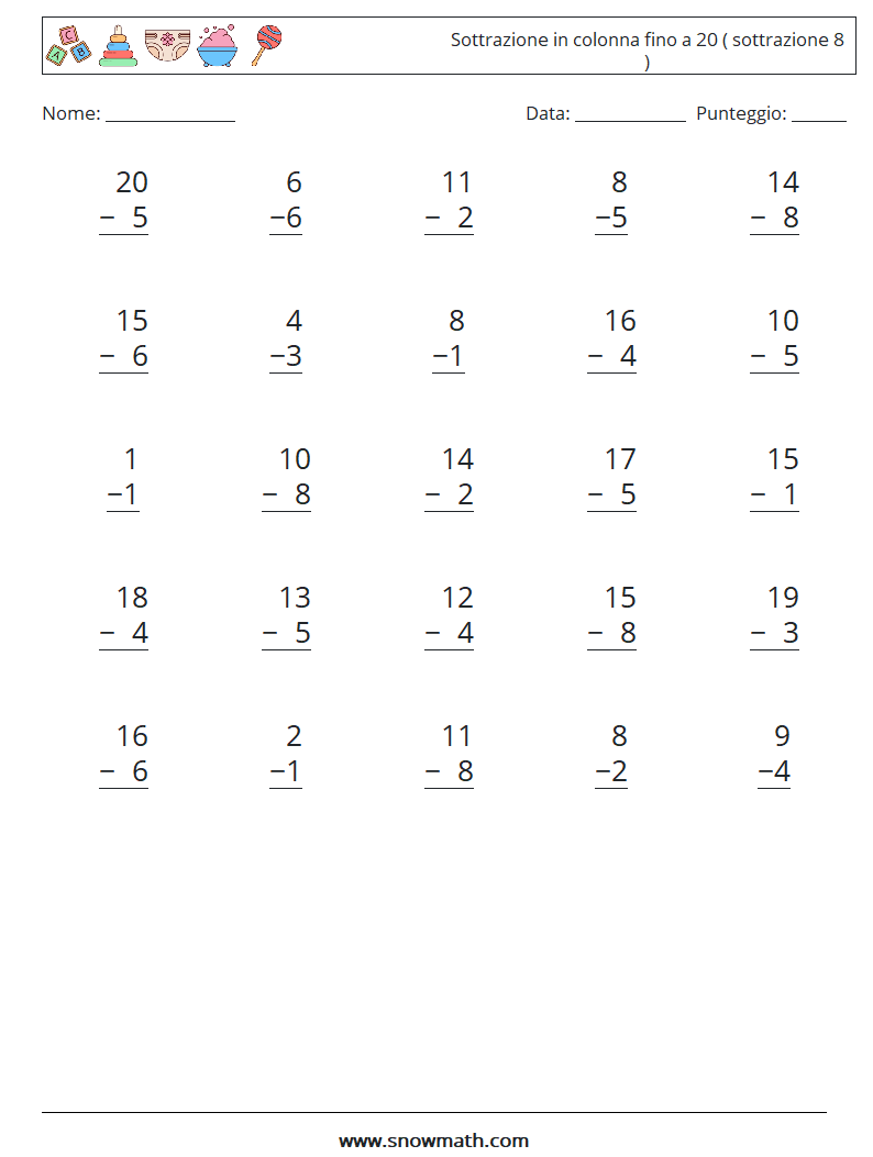 (25) Sottrazione in colonna fino a 20 ( sottrazione 8 ) Fogli di lavoro di matematica 2