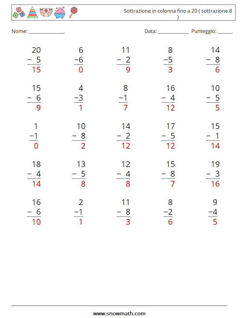 (25) Sottrazione in colonna fino a 20 ( sottrazione 8 ) Fogli di lavoro di matematica 2 Domanda, Risposta