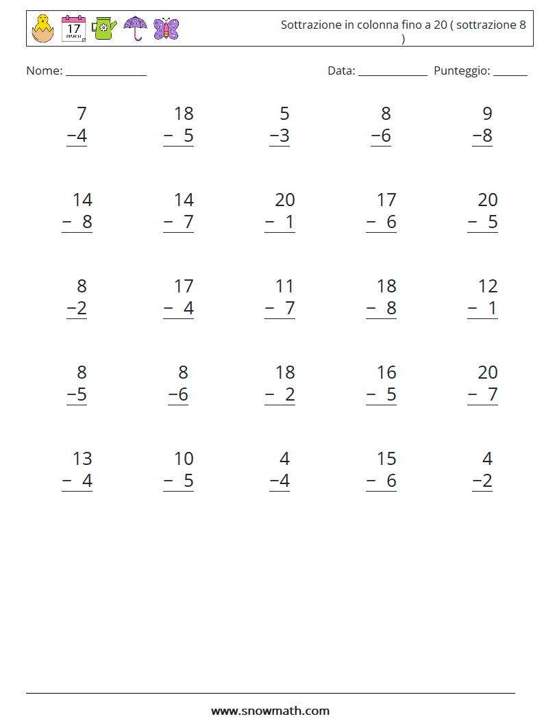(25) Sottrazione in colonna fino a 20 ( sottrazione 8 ) Fogli di lavoro di matematica 3