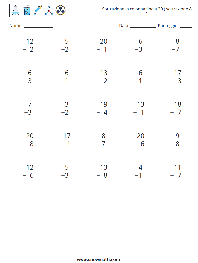 (25) Sottrazione in colonna fino a 20 ( sottrazione 8 ) Fogli di lavoro di matematica 4
