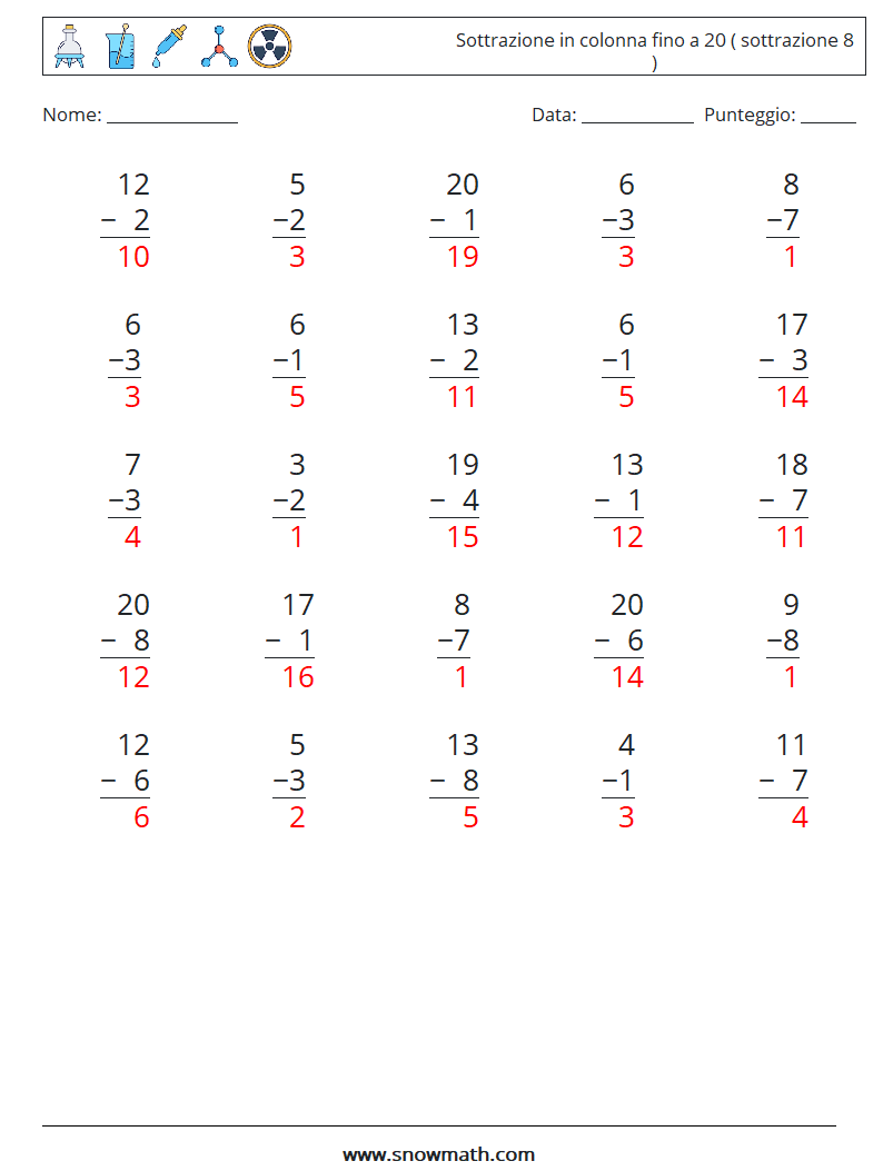 (25) Sottrazione in colonna fino a 20 ( sottrazione 8 ) Fogli di lavoro di matematica 4 Domanda, Risposta