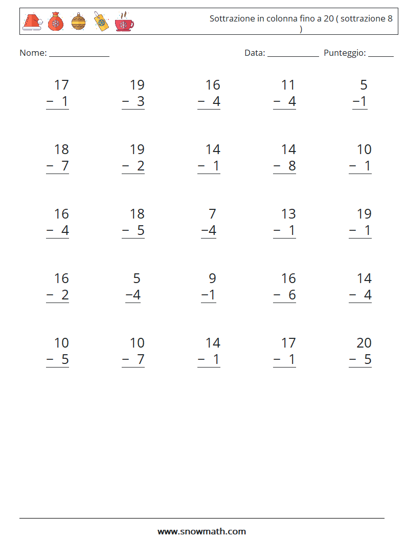 (25) Sottrazione in colonna fino a 20 ( sottrazione 8 ) Fogli di lavoro di matematica 5