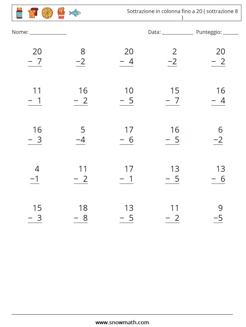 (25) Sottrazione in colonna fino a 20 ( sottrazione 8 ) Fogli di lavoro di matematica 6