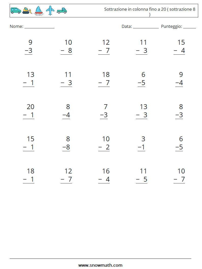 (25) Sottrazione in colonna fino a 20 ( sottrazione 8 ) Fogli di lavoro di matematica 7