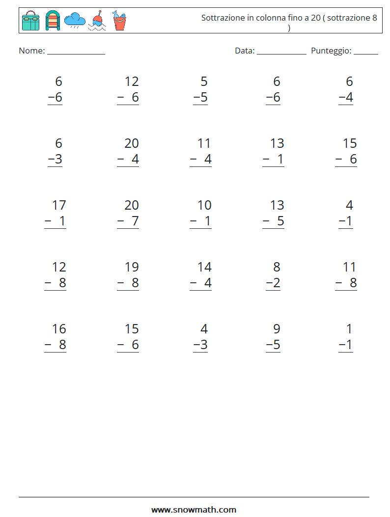 (25) Sottrazione in colonna fino a 20 ( sottrazione 8 ) Fogli di lavoro di matematica 8