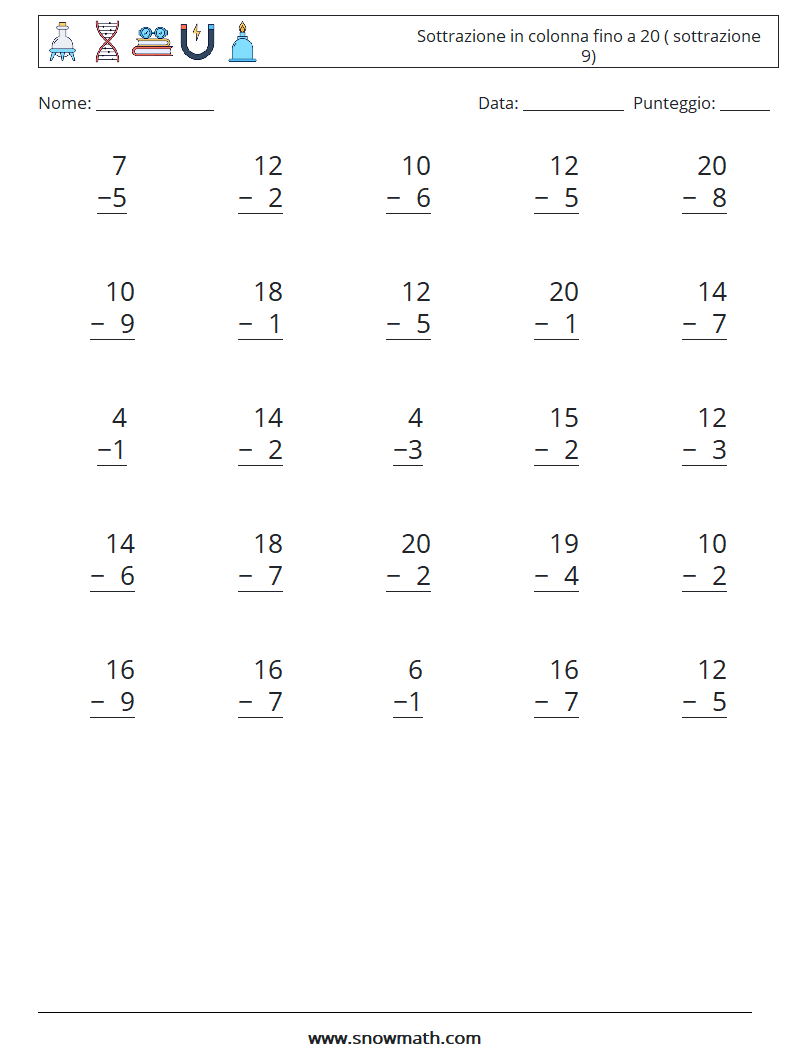 (25) Sottrazione in colonna fino a 20 ( sottrazione 9)