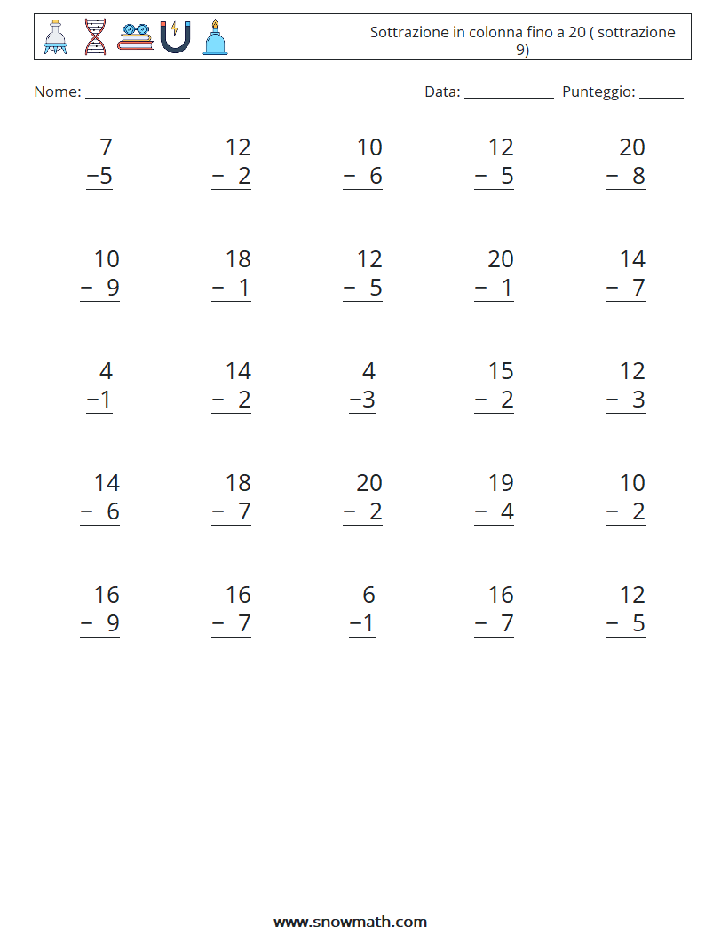 (25) Sottrazione in colonna fino a 20 ( sottrazione 9) Fogli di lavoro di matematica 1