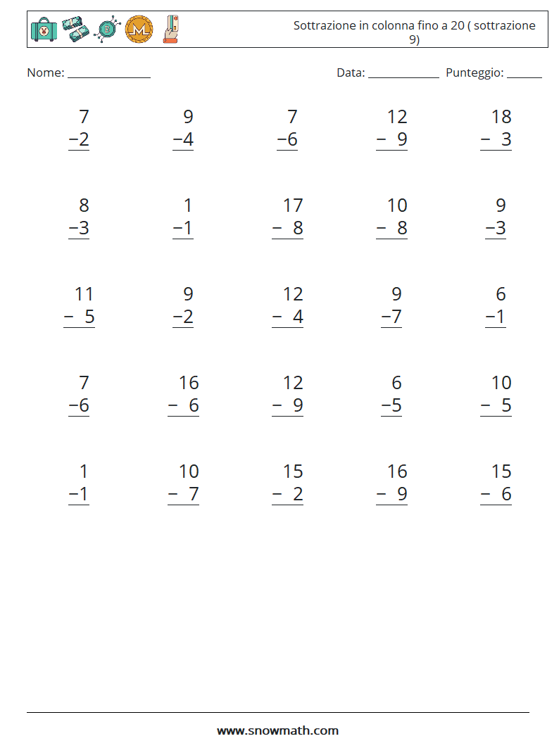 (25) Sottrazione in colonna fino a 20 ( sottrazione 9) Fogli di lavoro di matematica 10
