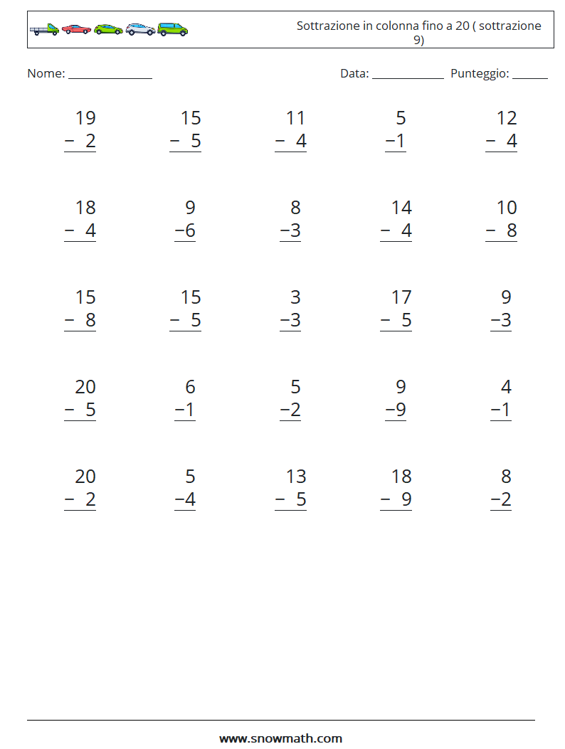 (25) Sottrazione in colonna fino a 20 ( sottrazione 9) Fogli di lavoro di matematica 11