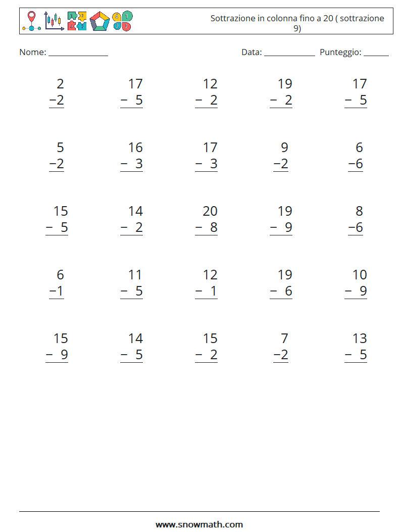 (25) Sottrazione in colonna fino a 20 ( sottrazione 9) Fogli di lavoro di matematica 12