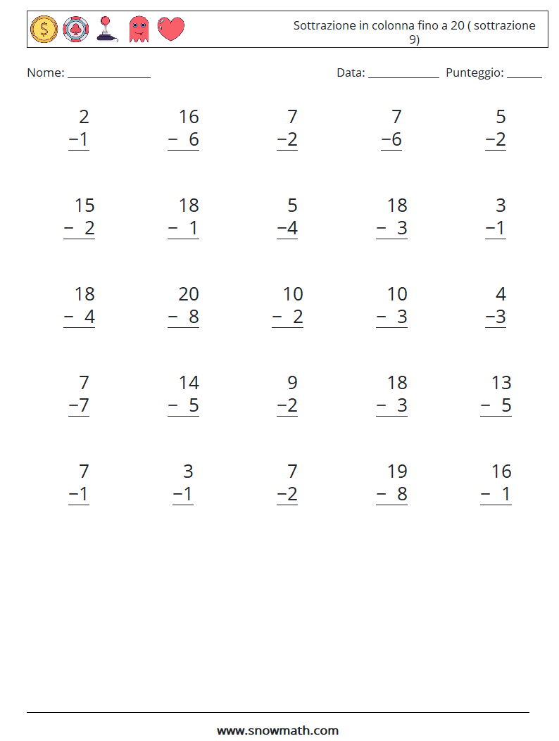 (25) Sottrazione in colonna fino a 20 ( sottrazione 9) Fogli di lavoro di matematica 14