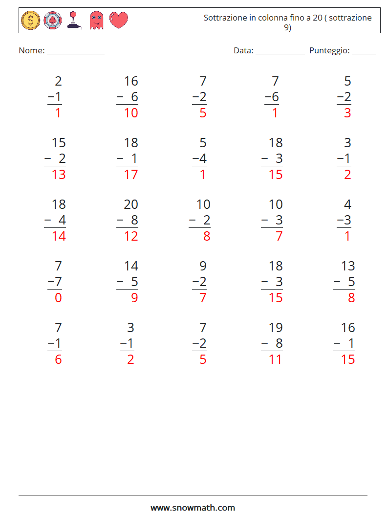 (25) Sottrazione in colonna fino a 20 ( sottrazione 9) Fogli di lavoro di matematica 14 Domanda, Risposta