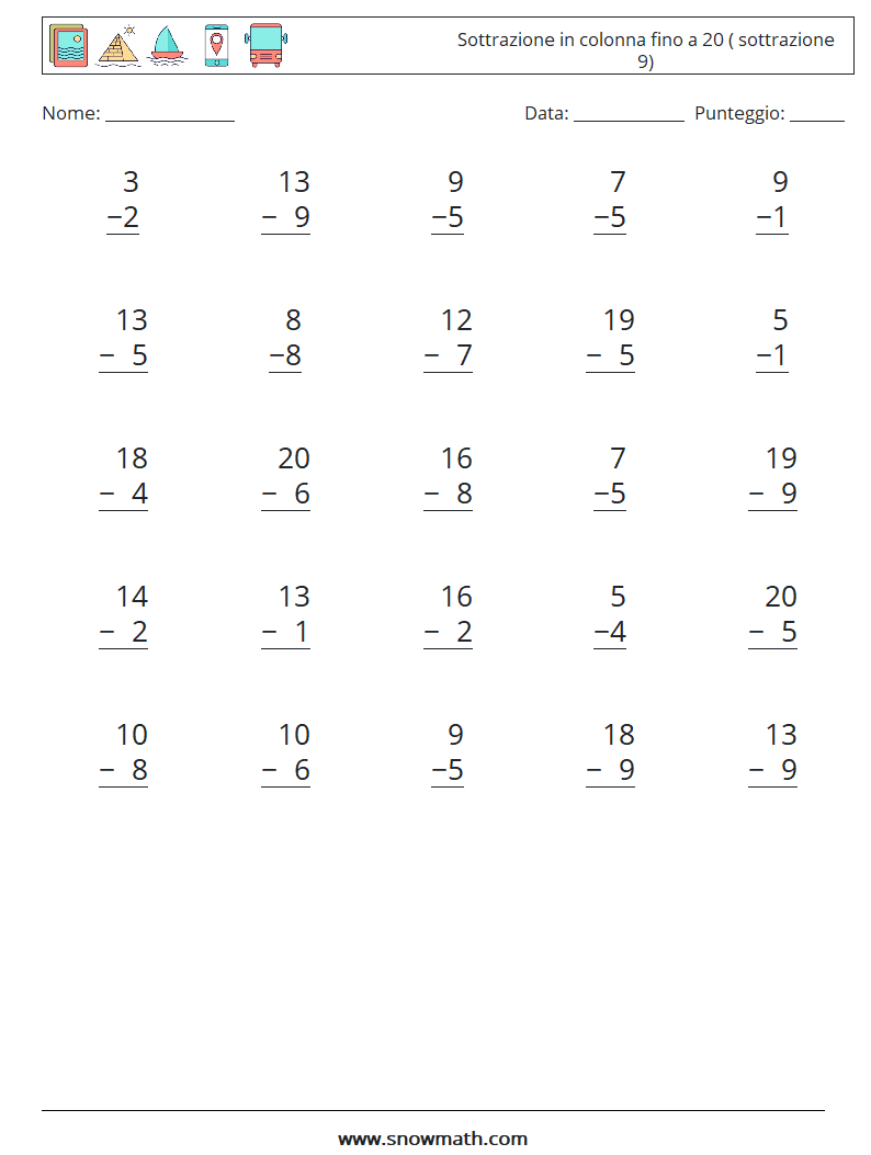 (25) Sottrazione in colonna fino a 20 ( sottrazione 9) Fogli di lavoro di matematica 15
