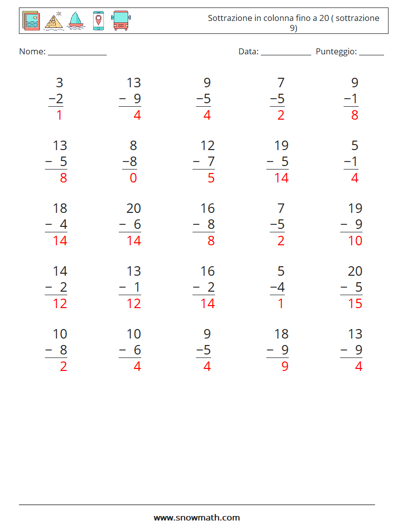 (25) Sottrazione in colonna fino a 20 ( sottrazione 9) Fogli di lavoro di matematica 15 Domanda, Risposta