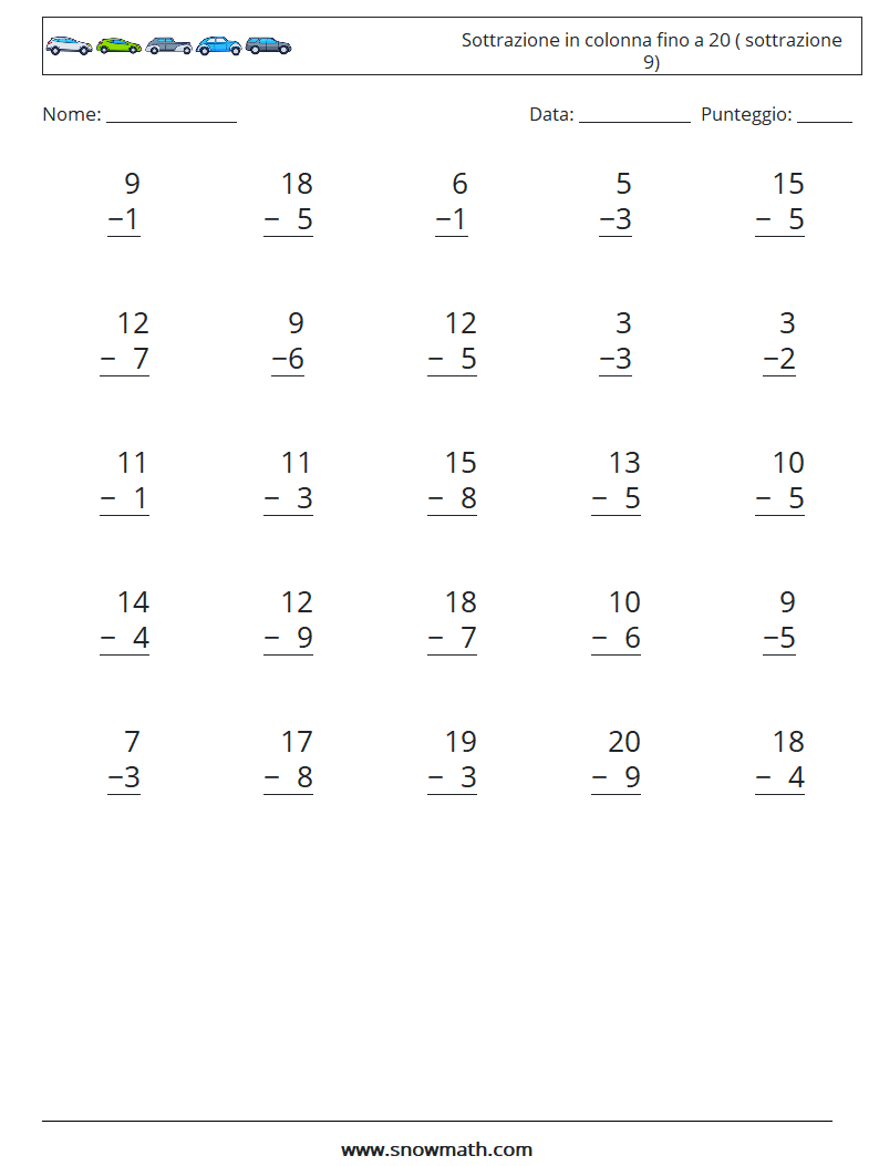 (25) Sottrazione in colonna fino a 20 ( sottrazione 9) Fogli di lavoro di matematica 16