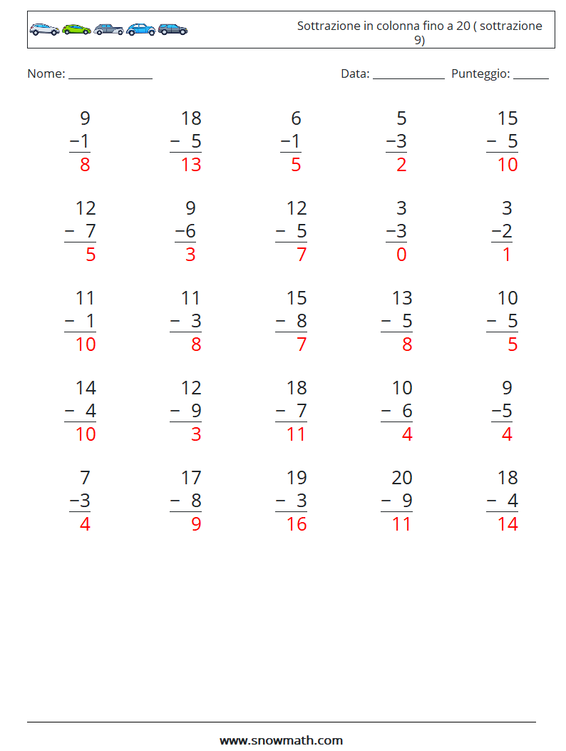 (25) Sottrazione in colonna fino a 20 ( sottrazione 9) Fogli di lavoro di matematica 16 Domanda, Risposta