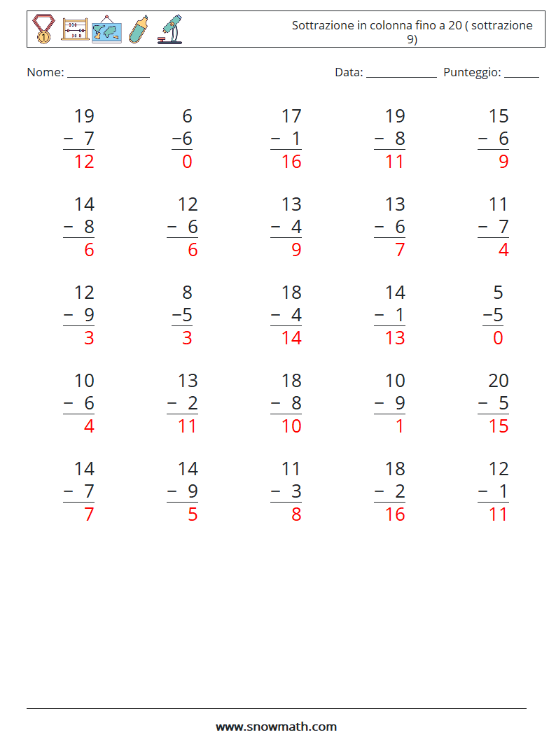 (25) Sottrazione in colonna fino a 20 ( sottrazione 9) Fogli di lavoro di matematica 17 Domanda, Risposta