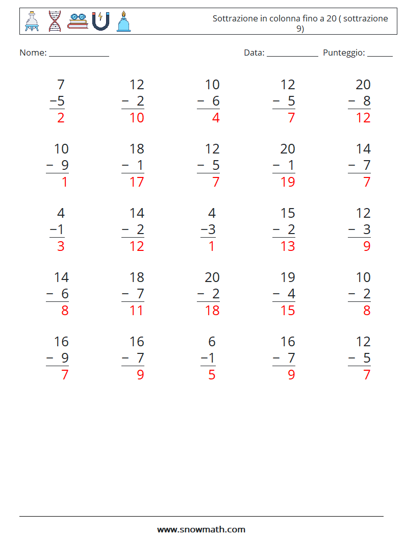 (25) Sottrazione in colonna fino a 20 ( sottrazione 9) Fogli di lavoro di matematica 1 Domanda, Risposta