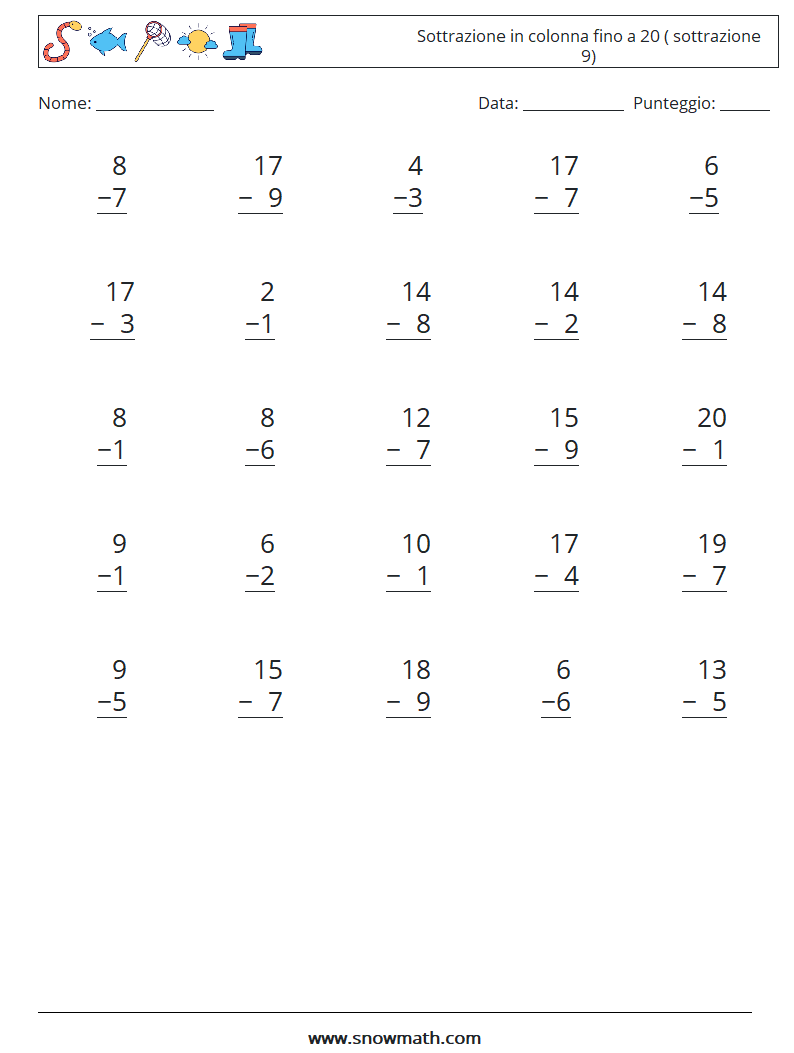 (25) Sottrazione in colonna fino a 20 ( sottrazione 9) Fogli di lavoro di matematica 2