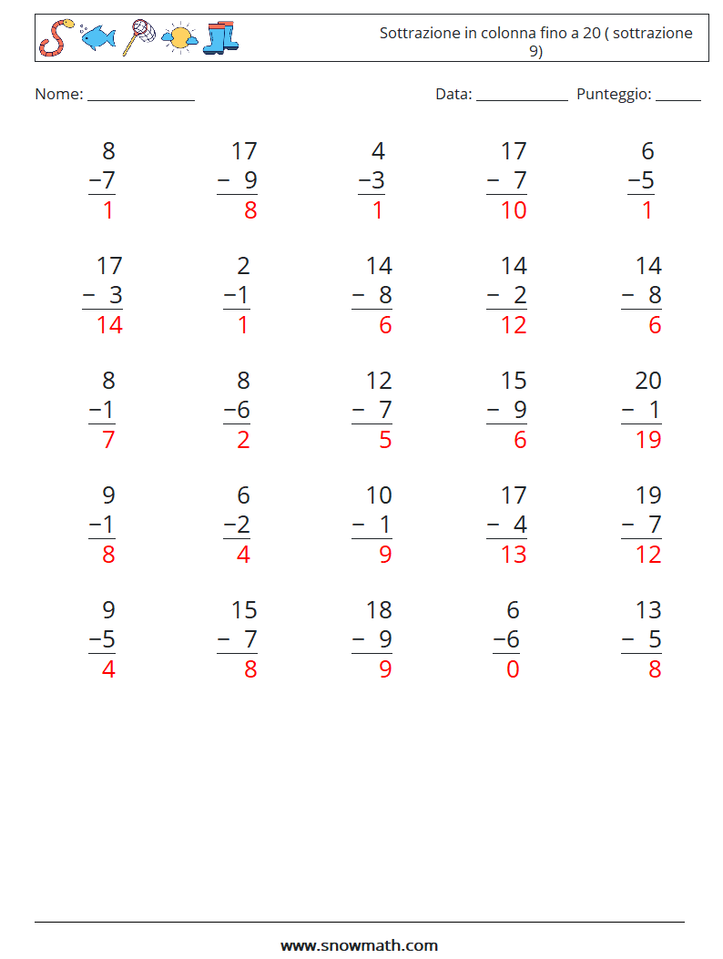 (25) Sottrazione in colonna fino a 20 ( sottrazione 9) Fogli di lavoro di matematica 2 Domanda, Risposta