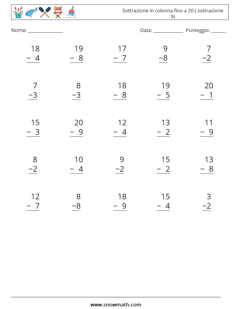 (25) Sottrazione in colonna fino a 20 ( sottrazione 9) Fogli di lavoro di matematica 3