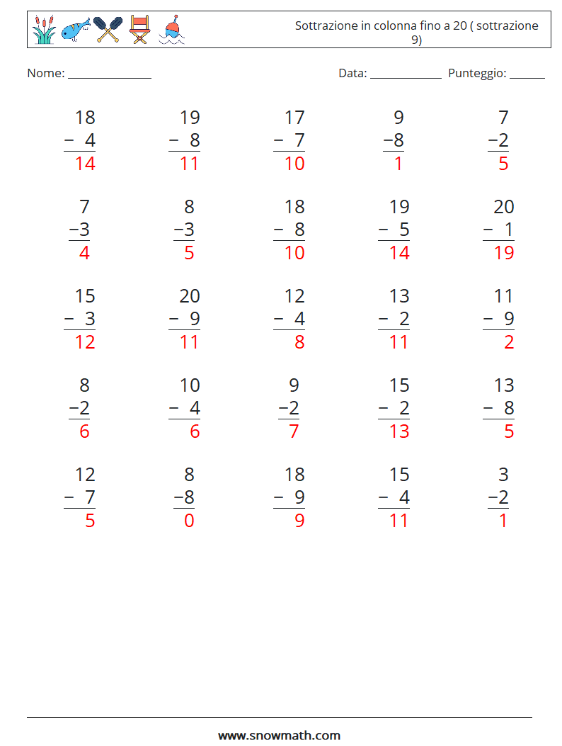 (25) Sottrazione in colonna fino a 20 ( sottrazione 9) Fogli di lavoro di matematica 3 Domanda, Risposta