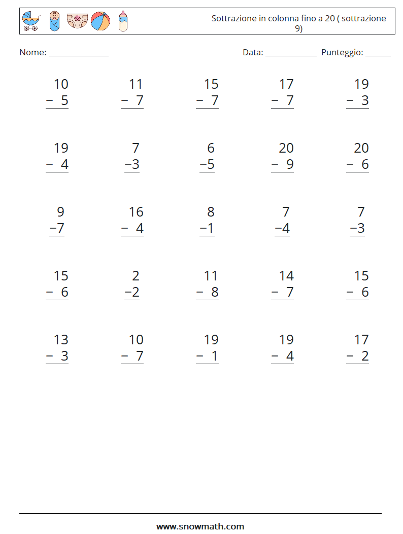 (25) Sottrazione in colonna fino a 20 ( sottrazione 9) Fogli di lavoro di matematica 4